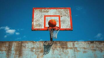 A basketball hoop and a ball hanging from it photo