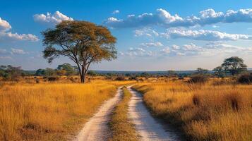 A dirt road that goes through a field with a tree photo
