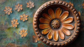 A decorative flower on a wall photo