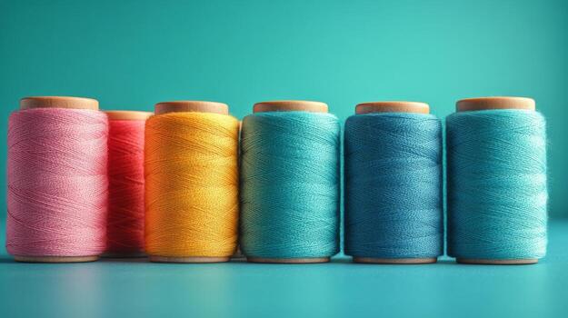 Spools of thread on blue background photo