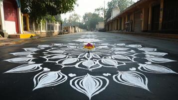 A flower is painted on the street photo