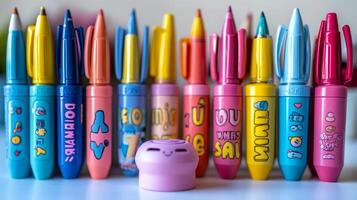 A group of colorful pens with different designs photo