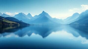 A lake with mountains reflected in it photo