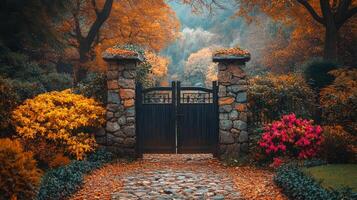 An open gate in a park with colorful flowers photo