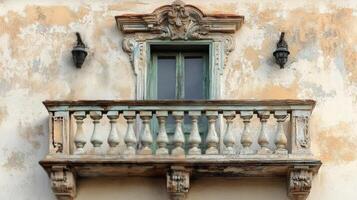 A balcony with a railing and decorative railing photo
