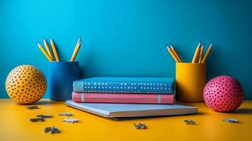 Colorful easter eggs, pencils and books on a blue background photo