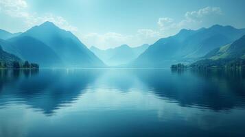 A lake with mountains in the background photo