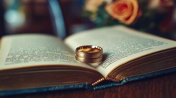 Wedding rings on an open book photo