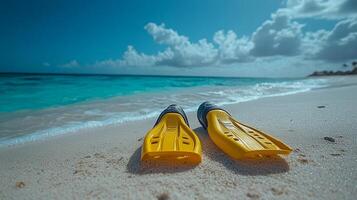 Two yellow scuba fins on the beach photo