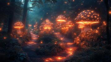 A path through the woods with mushrooms glowing in the dark photo