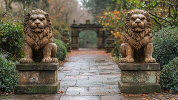 Two lion statues on a path in a park photo