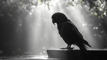 A black bird sitting on a ledge in the sun photo