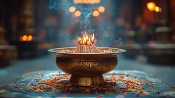 An incense burner with burning incense sticks photo