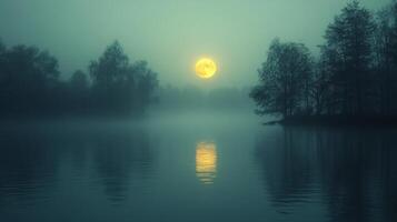 A full moon is seen over a lake in the fog photo