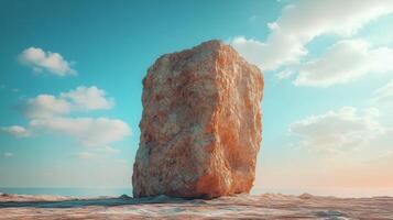 A rock in the desert with a blue sky photo