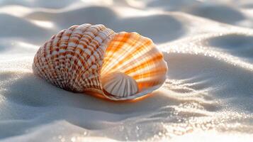 A shell on the beach with sand and water photo