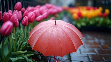 A pink umbrella is in the rain photo