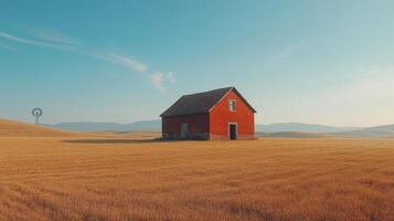 A red house in a field with a windmill photo