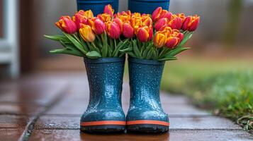 A person wearing rubber boots and holding a bouquet of tulips photo