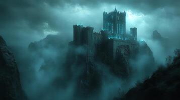 A castle in the middle of a mountain with fog photo