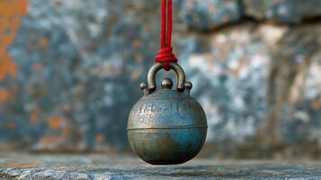 A bell hanging from a rope on a stone wall photo