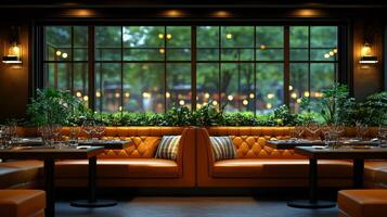 A restaurant with orange leather seating and a large window photo