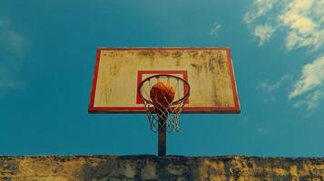 A basketball hoop is on top of a wall photo