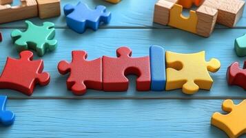 Colorful puzzle pieces on a blue wooden table photo