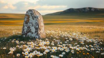 A stone in a field of wildflowers photo