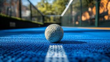 A tennis ball on a blue court with a fence in the background photo