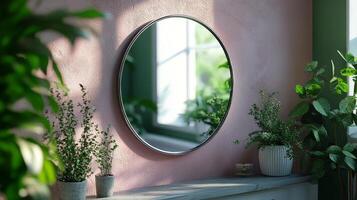 A round mirror on a wall near a plant photo