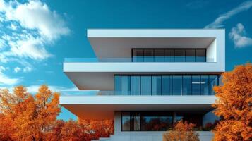 Modern house with autumn trees and blue sky photo
