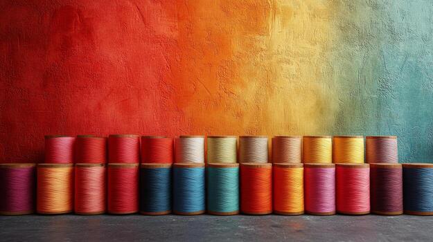 Colorful spools of thread against a colorful wall photo