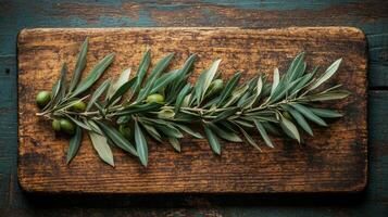 Olive branch on a wooden cutting board photo