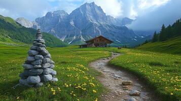A path leads to a cabin in the mountains photo