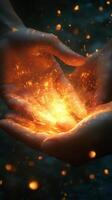 Two hands holding a glowing fire in the air photo
