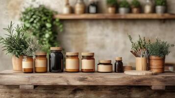 Herbs and bottles on a wooden table photo
