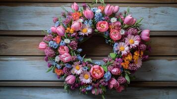A wreath of flowers on a wooden wall photo