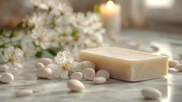 A bar of soap with white flowers and white stones photo