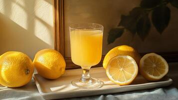 A glass of orange juice on a tray next to a bunch of lemons photo