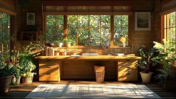 A sun room with a desk and potted plants photo