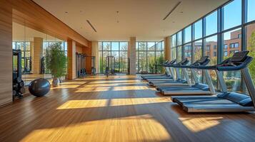 A gym room with a large window and a treadmill photo