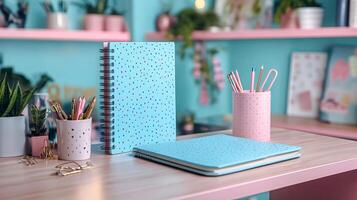 A desk with a notebook, pencils and pens photo
