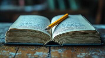An open book with a pencil on top photo