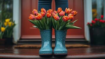 A person wearing blue rubber boots with tulips in them photo