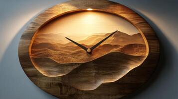 A clock with a mountain scene on it photo