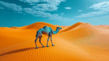 A camel is standing in the desert with a blue sky photo