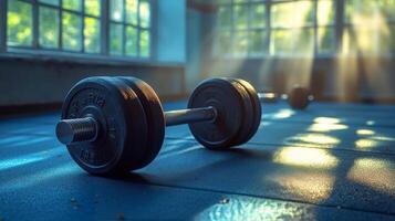 A pair of dumbbells sit on a blue floor photo