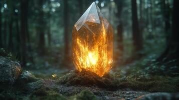 A glowing crystal in the woods photo