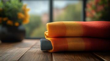 A stack of colorful blankets on a wooden table photo